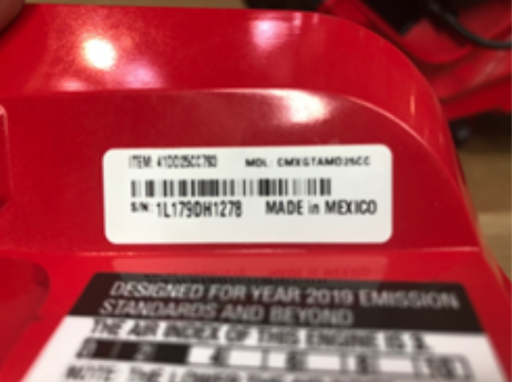 Model and serial numbers are located on a white label on the product