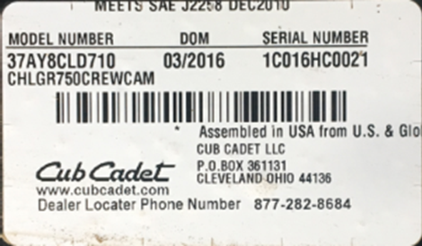 Cub Cadet 2016 Challenger Utility Vehicle label located under the driver’s seat.