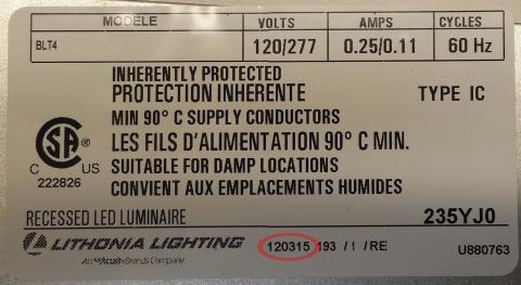 The date code on the fixture’s housing’s label is in a MM/DD/YY format.