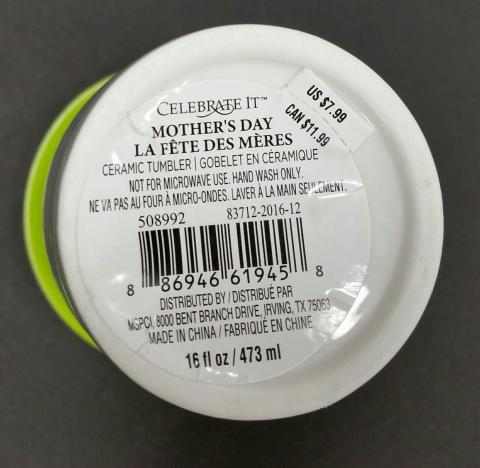 Label on the bottom of the Celebrate It ceramic travel mugs