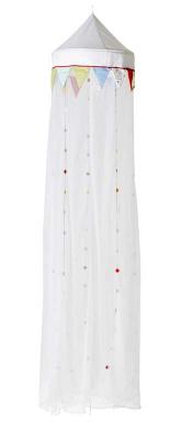 White pointed canopy top with multicolored dots and upside-down triangles sewn on the white mesh fabric