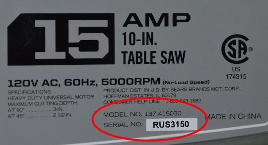 Close Up of Model &  Serial Numbers Circled    