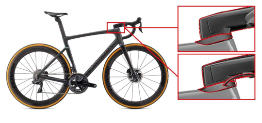 Recalled Specialized Tarmac SL7 fork steerer tube showing the integrated (hidden) cable routing
