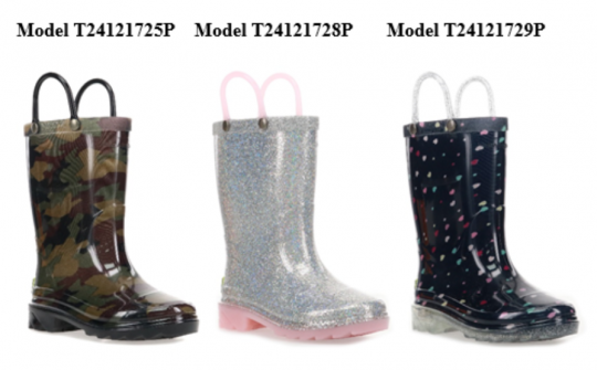 Recalled Western Chief “Abstract Camo”, “Alia Silver”, and “Sweetheart Navy” Light-Up Rain Boots