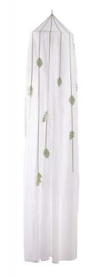 White pointed canopy top with green leaf decorations sewn on the sheer white fabric