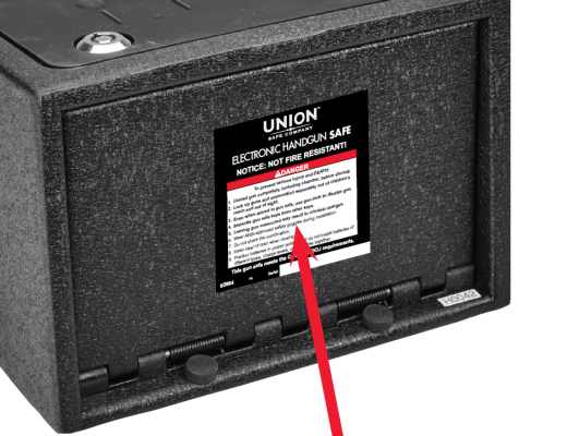 Label location on Union handgun safe
