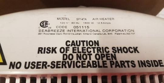 Label for the recalled SF14TA Smart Thermaflo Bathroom Heater Fan with nightlight. 