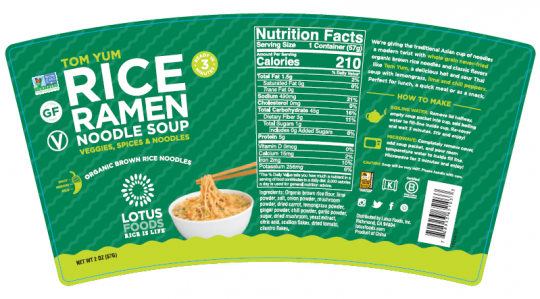 Recalled Lotus Foods tom yum rice noodle soup cup label