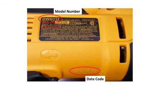 Recalled DWD112 Drill showing location of model number and date code. The date code pictured is not within the recall range.