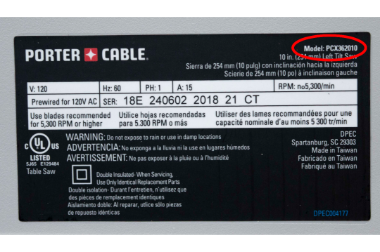 Nameplate for recalled PCX362010 table saw with model number circled in red.