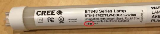Date code location on the Cree LED T8 Replacement Lamp