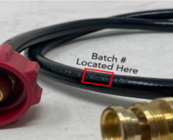 Recalled Pearl River propane hose with batch number location identified