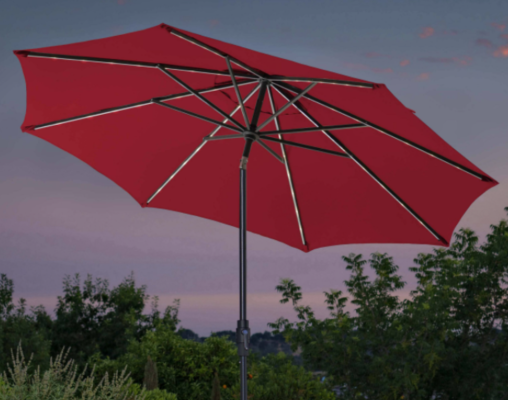 The recalled 10-foot Solar LED Market Umbrella with LED lights on the arms of the umbrella