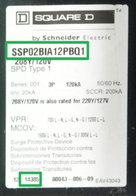 Example of a label on recalled Schneider Electric Surgeloc Surge Protection Device with the Location of the catalog number and date code 