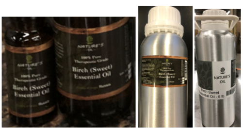 Recalled Nature’s Oil Birch Essential Oils 15 mL, 60 mL, 473 mL and 2.25 mL (5 lb)