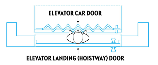 Scenario depicting a child trapped between an exterior landing (hoistway) door and an interior elevator car door due to a hazardous gap. The exterior door locks the young child in the hazardous space between the doors when the elevator is called to another floor, putting the child at risk of being crushed or pinned and suffering serious injuries or death.