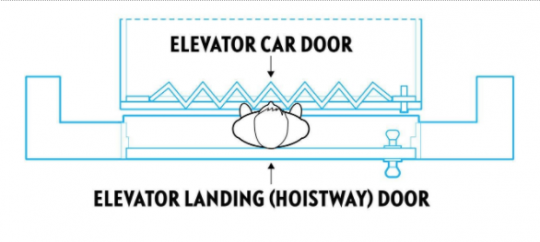 Typical scenario depicting a child trapped between an exterior landing (hoistway) door and an interior elevator car door.  The exterior door locks the child in the space between the doors when the elevator is called to another floor, putting the child at risk of being crushed or pinned by the elevator car.