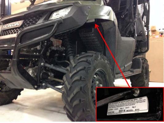 Certification Location of recalled Honda Pioneer ROV