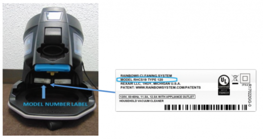 Model number label location for recalled Rainbow SRX Vacuum