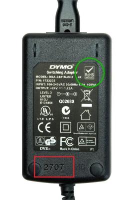 Picture of Recalled Power Adapter with 'RoHS' symbol not included in this recalled