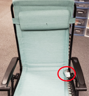 Tag located on seat fabric – eyelets attaching fabric to metal frame covered with fabric