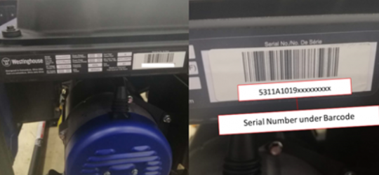 Location and format of serial number on recalled Westinghouse WGen5300DFv Dual Fuel Portable Generator