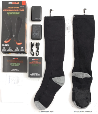Recalled 32 Degrees Heated Socks with rechargeable battery pack, user manual and packaging