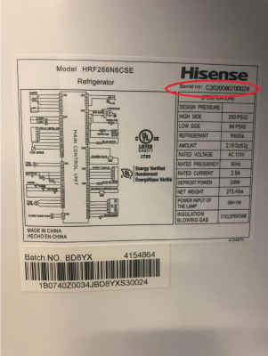 Serial Number for Recalled Hisense 26.6 Cu. Ft. French Door Refrigerators