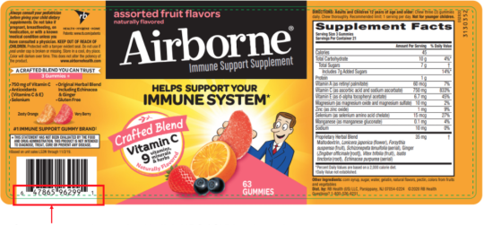 Location on label of UPC for recalled Airborne 63-count and 75-count gummies 