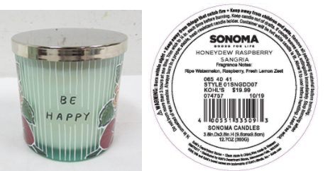Recalled Kohl’s Be Happy Candle 	
