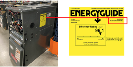 Location of Energy Guide label showing furnace brand and model number 