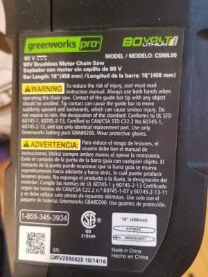 Greenworks Pro 80-volt chainsaw label