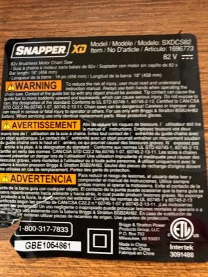 Snapper XD 82-volt chainsaw label