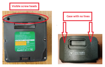 Battery packs on recalled units have visible screw heads and a case with no parting lines.  
