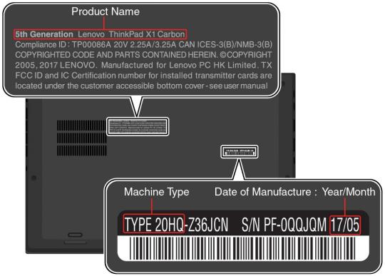 Picture identifying the laptop machine type, serial number, and date of manufacture.  (Black model)