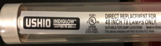 Recalled Indiglow LED T8 Lamp Showing Company Logo and Brand 