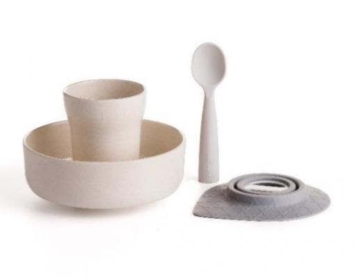 Recalled Miniware “Sip + Snack” travel set with teething spoon in grey 