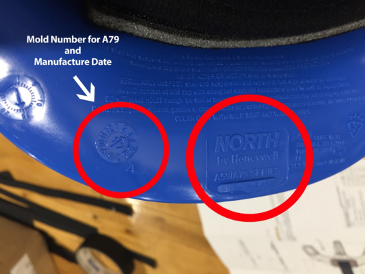 North by Honeywell, the mold identification number, and the manufacture date can be found on the underside of the hat’s brim.