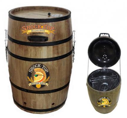 Recalled barrel-shaped charcoal grills with the Shock Top logo.