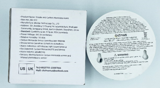 Recalled CHZHVAN Combination Smoke and Carbon Monoxide Detector (Back with Packaging)