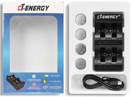 Recalled CT-ENERGY Lithium Coin Battery Charger with Rechargeable 2032 Batteries