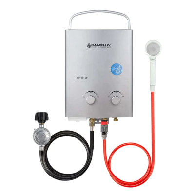 Recalled Camplux brand AY132 portable tankless water heater – gray/silver