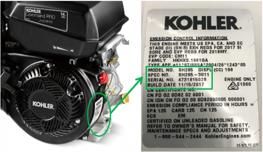 Location of label on recalled Kohler engine