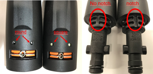 Recalled spray wand (left images; round pins and no notch) and replacement wand (right images; square pins and notch)