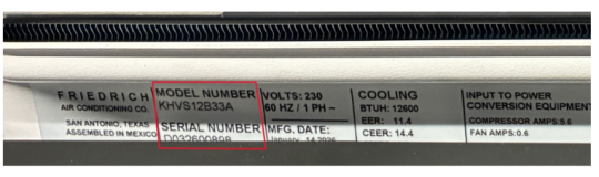 Close-up of the model and serial number are location inside the Kühl® S Air Conditioner