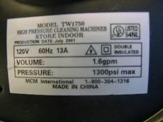 Closeup of label on Pressure Washer