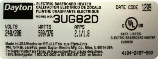 Recalled baseboard heater nameplate