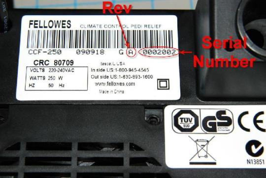 Recalled Footrest label highlighting revision and serial number