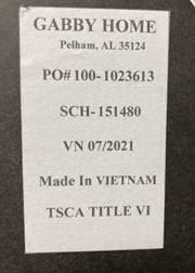 Gabby Home, SCH-151480 and Made in Vietnam are printed on a label located on the back for the mirror. 