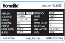 Example of Recalled Homelite Generator Label